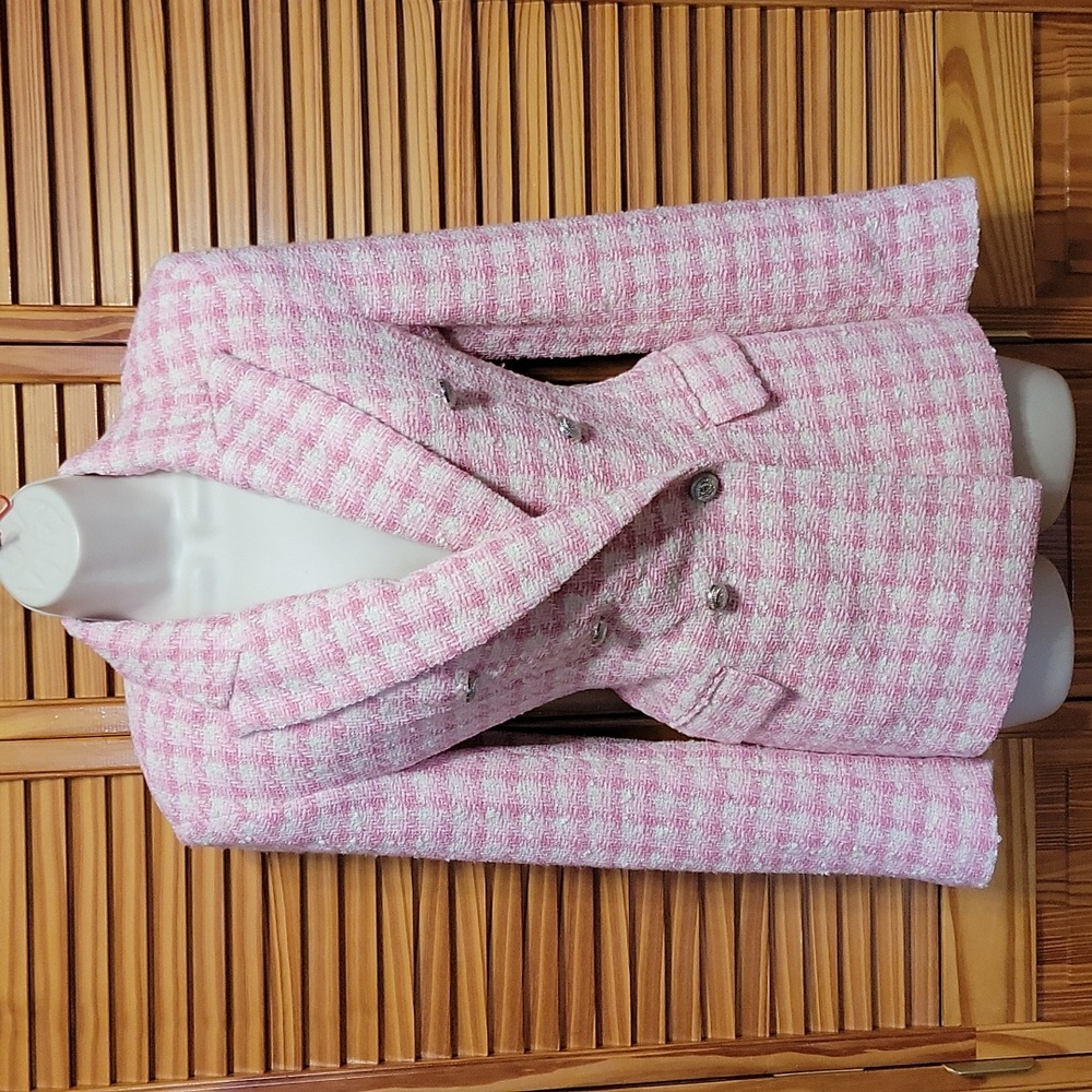 Zara Double Breasted Pink Tweed Blazer Tailored Suit Jacket